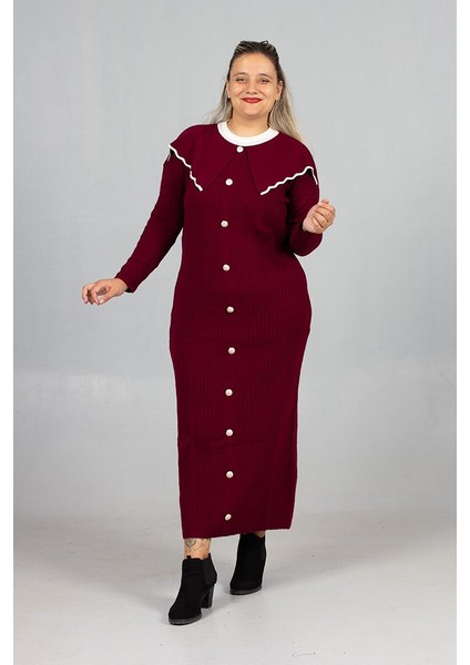 Bebe Yaka Triko Elbise Şık ve Rahat Büyük Beden Bordo Triko Elbise