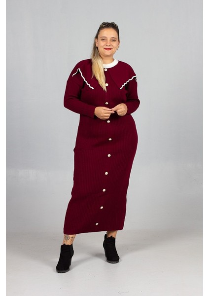 Bebe Yaka Triko Elbise Şık ve Rahat Büyük Beden Bordo Triko Elbise fırsatları