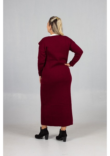 Bebe Yaka Triko Elbise Şık ve Rahat Büyük Beden Bordo Triko Elbise indirimleri