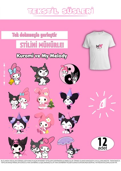 Ütü ile Yapışan Kıyafet Etiketi Kuromi ve My Melody 12LI Set
