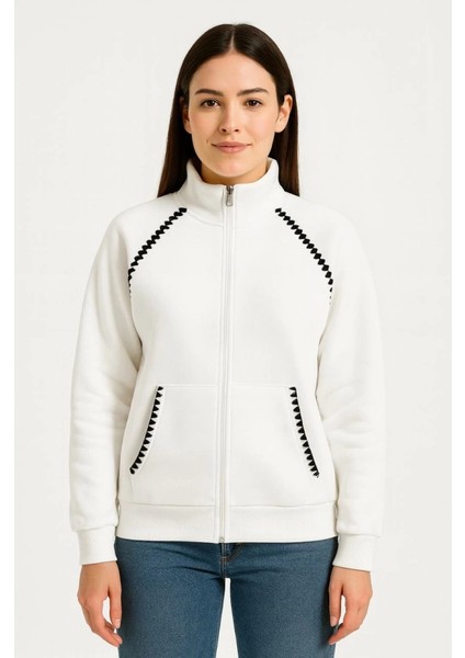 Oversize Dik Yaka Fermuarlı Sweatshirt - Zincir Nakışli Kanguru Cepli, - Beyaz fiyatları