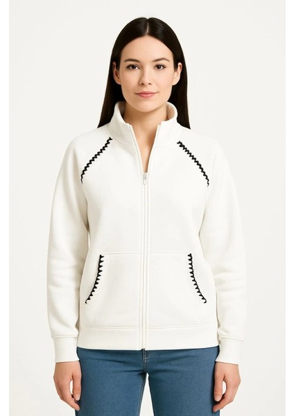 Oversize Dik Yaka Fermuarlı Sweatshirt - Zincir Nakışli Kanguru Cepli, - Beyaz modelleri