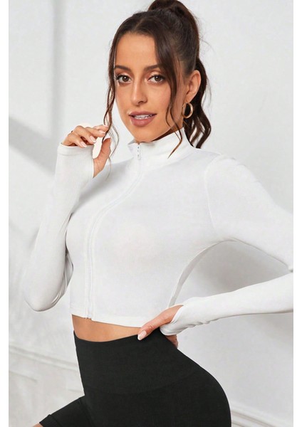 Kadın Beyaz Uzun Kol Fermuarlı Parmak Geçme Detaylı Dik Yaka Crop Top Bluz