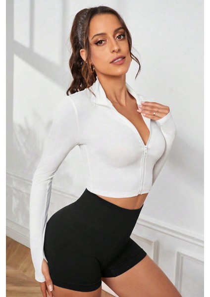 Kadın Beyaz Uzun Kol Fermuarlı Parmak Geçme Detaylı Dik Yaka Crop Top Bluz
