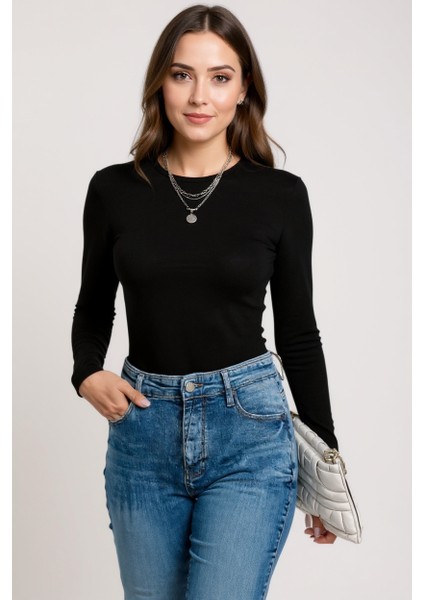 Kadın Siyah Uzun Kollu Fit Basic Crop Top Bluz