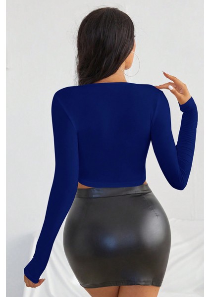 Kadın Mavi Uzun Kol Kare Yaka Crop Top Bluz – Şık, Rahat ve Kolay Kombinlenebilir fiyatları