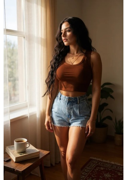 Kadın Kahverengi Kare Yaka Crop Top Bluz – Şık, Rahat ve Kolay Kombinlenebilir fiyatları