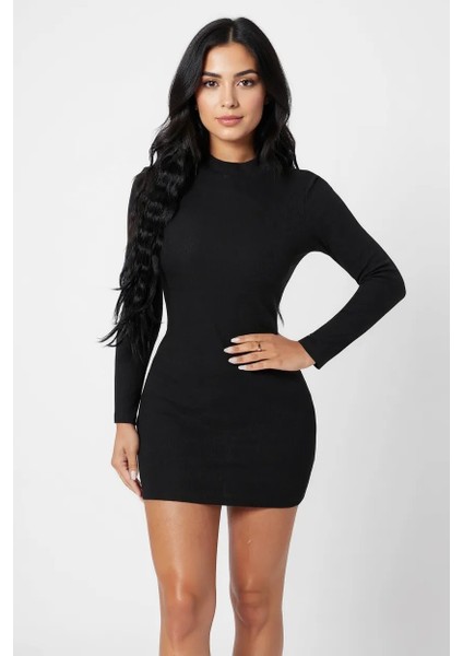 Kadın Siyah Kaşkorse Balıkçı Yaka Uzun Kollu Bodycon Mini Elbise fiyatları