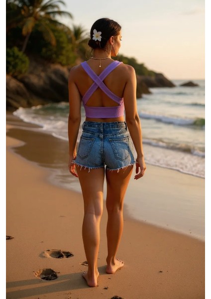 Kadın Lila Çapraz Sırt Detaylı Şık Crop Top Büstiyer
