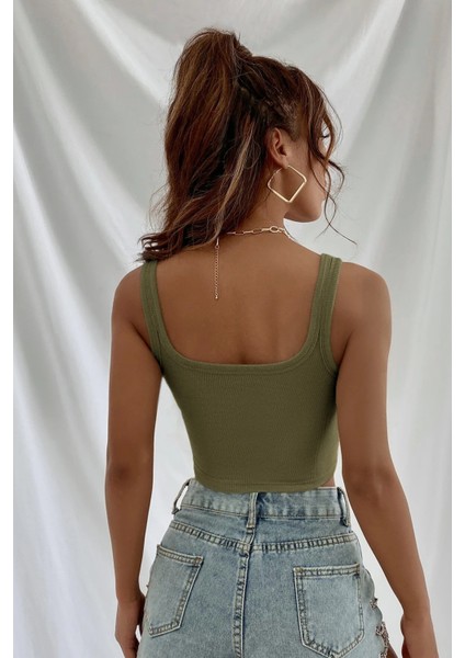 Kadın Haki Yeşili Kalın Askılı Crop Top Büstiyer – Modern ve Şık Tasarım fiyatları