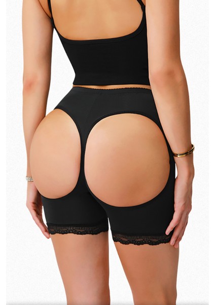 Kadın Siyah Pop Up Kalça Kaldırıcı ve Sekillendirici Dantel Paçalı Şort Külot – Modern ve Şık Tasarım