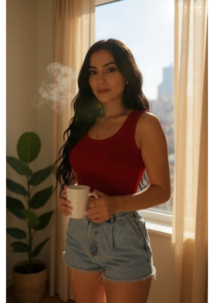 Kadın Kırmızı Kare Yaka Crop Top Bluz – Şık, Rahat ve Kolay Kombinlenebilir modelleri