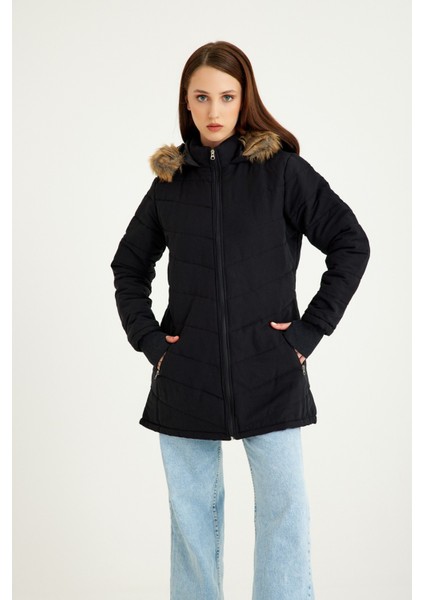 Kışlık Eldivenli Kapüşonlu Kürklü Kadın Şişme Mont