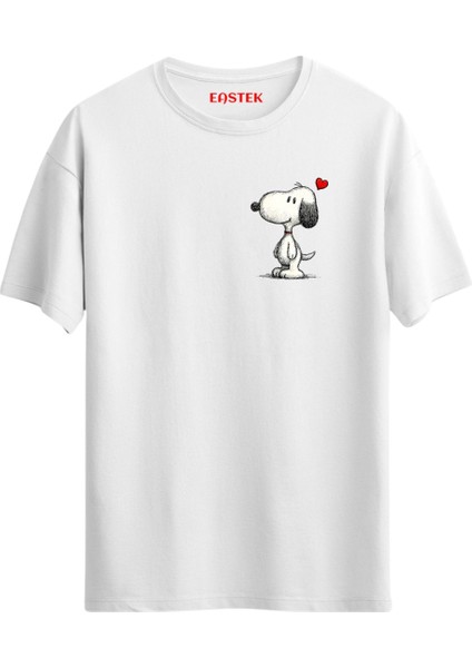 Snoopy On My Heart Baskılı Beyaz Kısa Kollu Unisex Tişört