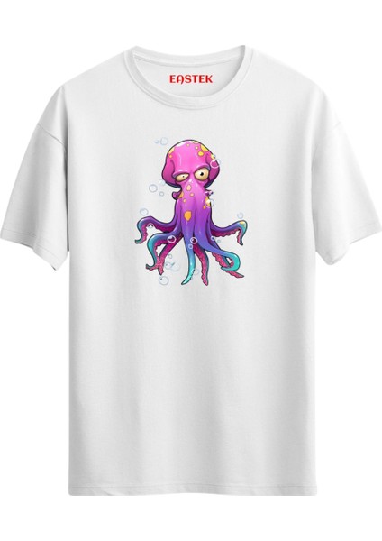 Pembe-Mavi Tonlarda Karikatür Ahtapot T-Shirt, Erkek Tişört, Kadın Tişört, Unisex T-Shirt