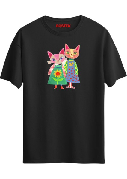 Tasarım Kedi Çifti Tasarım T-Shirt, Erkek Tişört, Kadın Tişört, Unisex T-Shirt