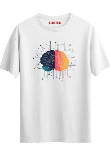Brain Yapay Zeka Tasarım Beyaz T-Shirt, Erkek Tişört, Kadın Tişört, Unisex T-Shirt