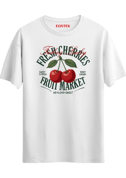Unisex Erkek/kadın Cherrıes Özel Baskılı Regular Pamuklu Bisiklet Yaka T-Shirt