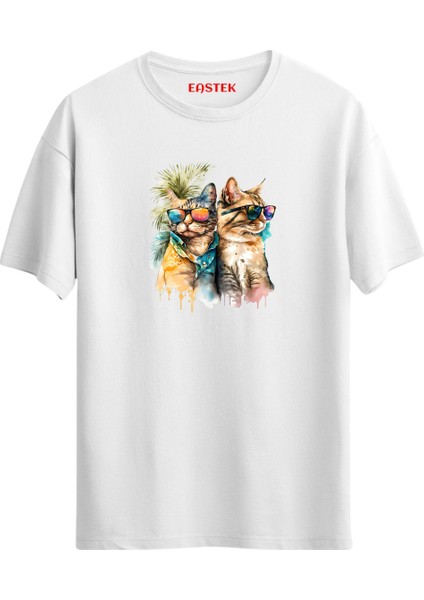 Couple Cats Baskılı T-Shirt