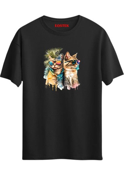 Couple Cats Baskılı T-Shirt