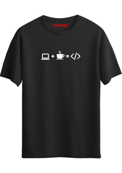 Computer Coffee Code Baskılı T-Shirt