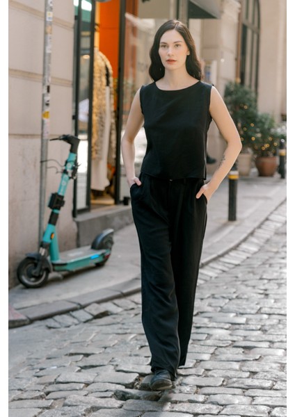 Keten Günlük Rahat Kolsuz Alt Üst Kadın Takım