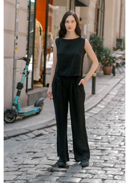 Keten Günlük Rahat Kolsuz Alt Üst Kadın Takım