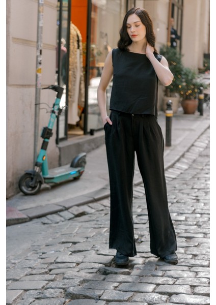 Keten Günlük Rahat Kolsuz Alt Üst Kadın Takım