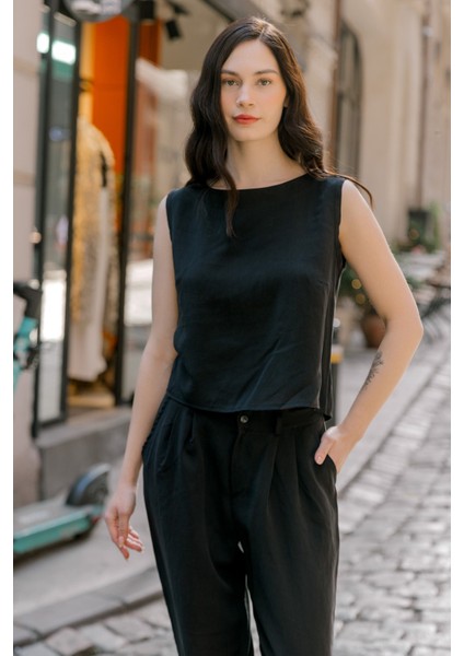 Keten Günlük Rahat Kolsuz Alt Üst Kadın Takım