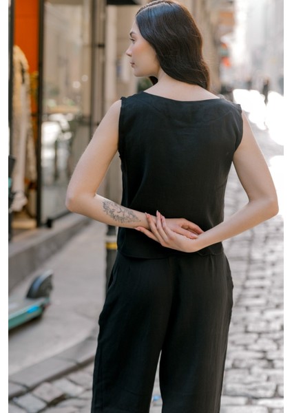 Keten Günlük Rahat Kolsuz Alt Üst Kadın Takım