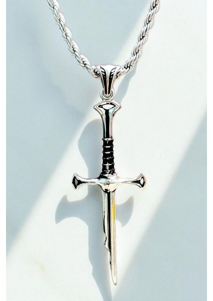 Gümüş Kaplama K-101 Krom-Çelik Madalyon Erkek Kolye Kırık Kılıç Gücün Efendisi