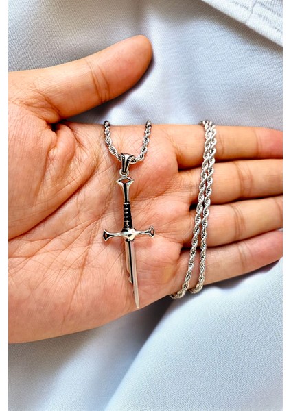 Gümüş Kaplama K-101 Krom-Çelik Madalyon Erkek Kolye Kırık Kılıç Gücün Efendisi