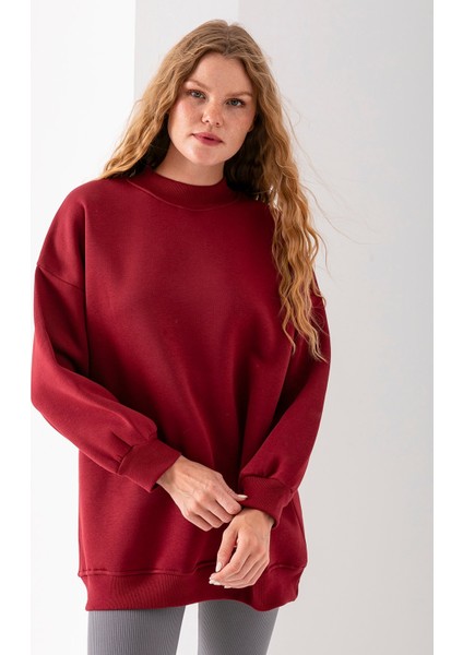 Kadın Bordo Üç Iplik Pamuklu Ribanalı Bisiklet Yaka Oversize Sweatshirt - 2523 fırsatları