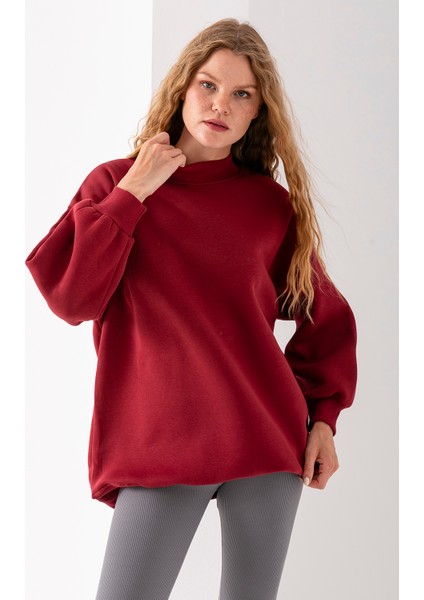 Kadın Bordo Üç Iplik Pamuklu Ribanalı Bisiklet Yaka Oversize Sweatshirt - 2523