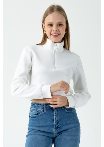 Kadın Dik Yaka Yarım Fermuarlı Uzun Kollu Sweatshirt Beyaz - 2534