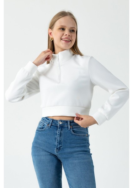 Kadın Dik Yaka Yarım Fermuarlı Uzun Kollu Sweatshirt Beyaz - 2534 modelleri
