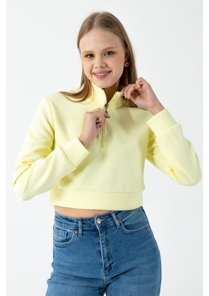 Kadın Dik Yaka Yarım Fermuarlı Uzun Kollu Sweatshirt Sarı - 2534