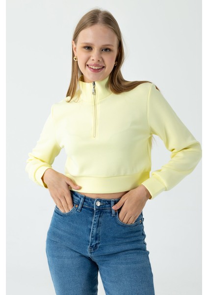 Kadın Dik Yaka Yarım Fermuarlı Uzun Kollu Sweatshirt Sarı - 2534 modelleri