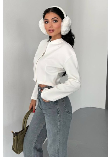 Kadın Çift Fermuarlı Uzun Kollu Sweatshirt Beyaz - 2550