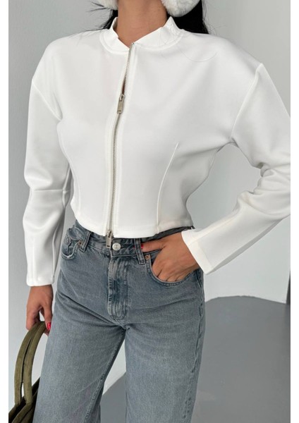 Kadın Çift Fermuarlı Uzun Kollu Sweatshirt Beyaz - 2550 fiyatları