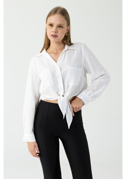 Kadın Çift Cepli Bağlama Detaylı Gömlek Beyaz - 25Y 34142-1 modelleri