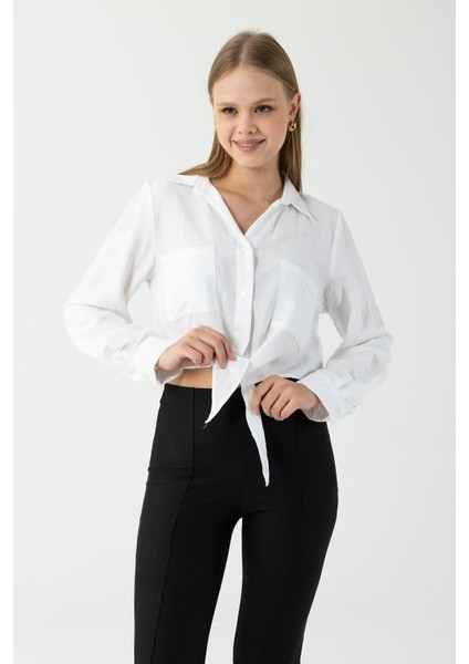 Kadın Çift Cepli Bağlama Detaylı Gömlek Beyaz - 25Y 34142-1 fırsatları