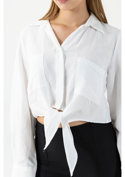 Kadın Çift Cepli Bağlama Detaylı Gömlek Beyaz - 25Y 34142-1