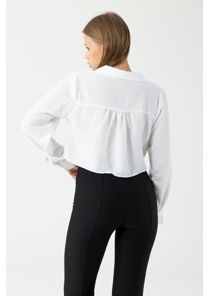 Kadın Çift Cepli Bağlama Detaylı Gömlek Beyaz - 25Y 34142-1