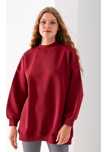 Kadın Bordo Üç Iplik Pamuklu Ribanalı Bisiklet Yaka Oversize Sweatshirt - 2523 fiyatları