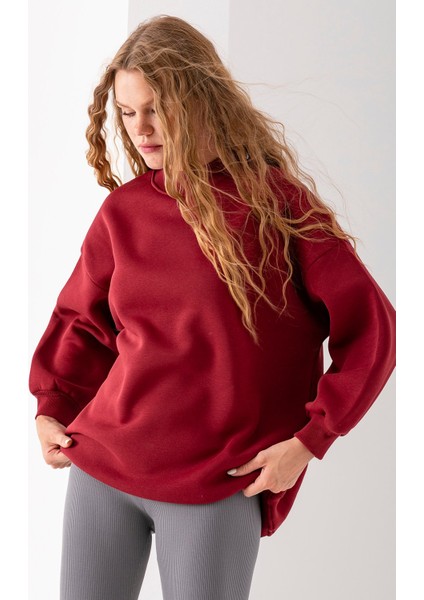 Kadın Bordo Üç Iplik Pamuklu Ribanalı Bisiklet Yaka Oversize Sweatshirt - 2523 modelleri