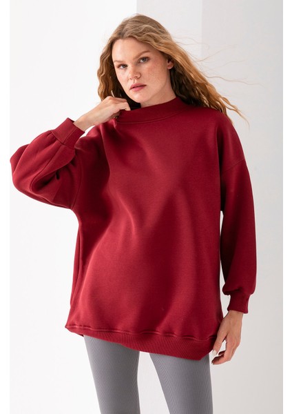 Kadın Bordo Üç Iplik Pamuklu Ribanalı Bisiklet Yaka Oversize Sweatshirt - 2523 indirimleri