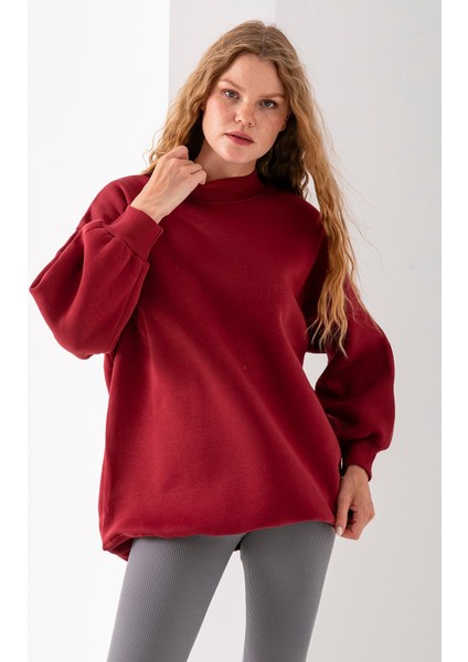 Kadın Bordo Üç Iplik Pamuklu Ribanalı Bisiklet Yaka Oversize Sweatshirt - 2523
