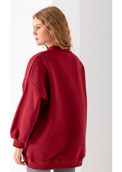 Kadın Bordo Üç Iplik Pamuklu Ribanalı Bisiklet Yaka Oversize Sweatshirt - 2523