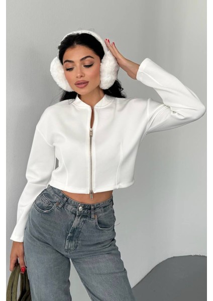 Kadın Çift Fermuarlı Uzun Kollu Sweatshirt Beyaz - 2550 fırsatları